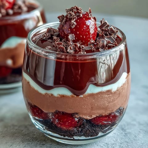 Easy Dubai Chocolate Strawberry Cheesecake Cups with chocolate biscuit base, creamy vanilla cheesecake, fresh strawberries, and dark chocolate ganache, topped with whole strawberries and pistachios.