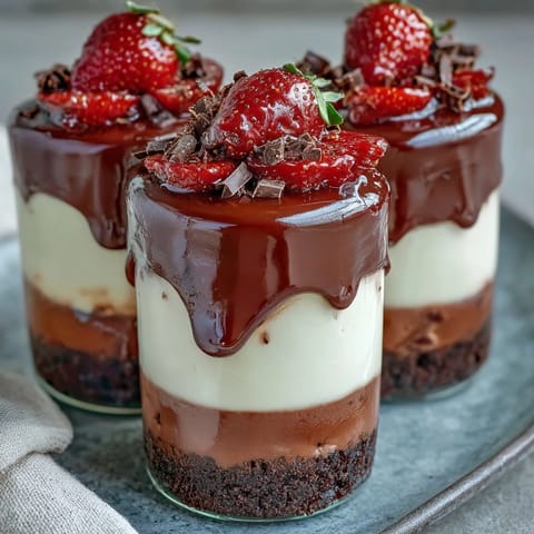 Layered chocolate strawberry cheesecake cups inspired by Dubai, featuring rich biscuit crust, silky cream cheese filling, juicy macerated strawberries, and glossy ganache in a single serving.