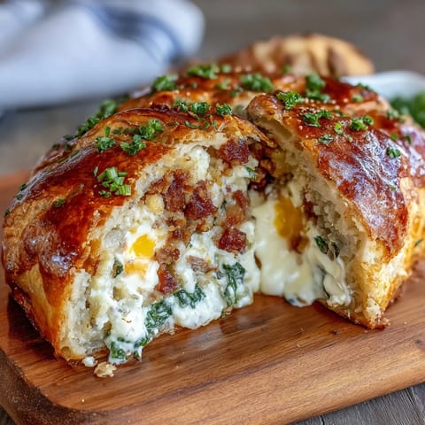 Easter Savory Pie with Hard-Boiled Eggs and Ham, a golden pastry filled with creamy ricotta, diced ham, and spinach, sliced to reveal whole eggs inside.