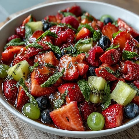 Vibrant strawberry lemonade fruit salad with fresh strawberries, blueberries, and watermelon, tossed in a zesty lemon-honey dressing for a refreshing summer treat.