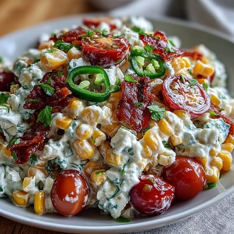 Creamy Corn Salad with Jalapeño in a white bowl, showcasing vibrant colors of fresh vegetables and a tangy dressing.