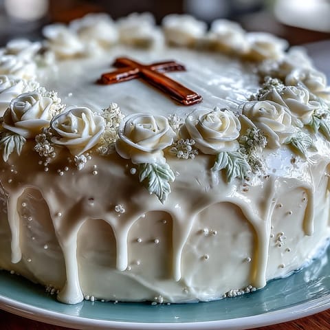 Elegant vanilla cake with white fondant roses and cross topper, perfect for First Communion celebrations.
