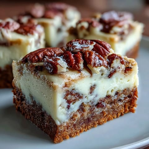 Creamy carrot cake cheesecake bars with a rich swirl of spiced carrot cake and smooth vanilla cheesecake, topped with crunchy walnuts.