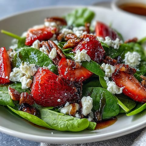 Spring Strawberry Spinach Salad with creamy goat cheese, sweet strawberries, and crunchy candied pecans, dressed in tangy balsamic vinaigrette.
