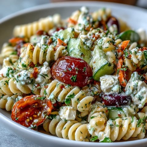 This vibrant pasta salad features juicy cherry tomatoes, crunchy cucumbers, and sweet bell peppers, all coated in tangy Italian dressing for a refreshing side.  