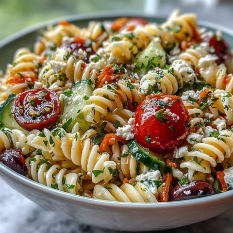 Memorial Day Pasta Salad with Italian Dressing and Veggies, a colorful medley of crisp vegetables and tender pasta, tossed in zesty Italian dressing.  