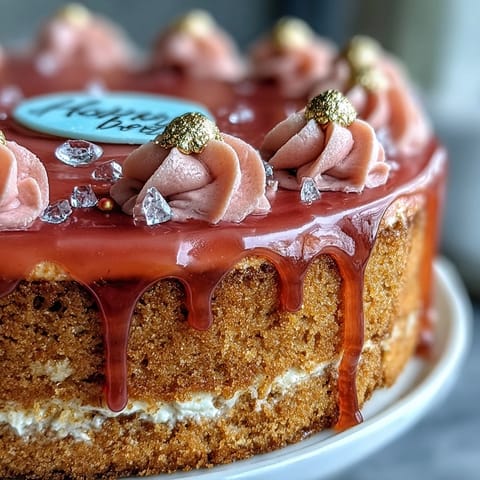 Elegant pink Bridal Shower Rosé Velvet Cake glistening with shimmering gold drip.
