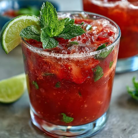 Refreshing strawberry chili limeade mocktail with fresh fruit served in sunny outdoor dining.