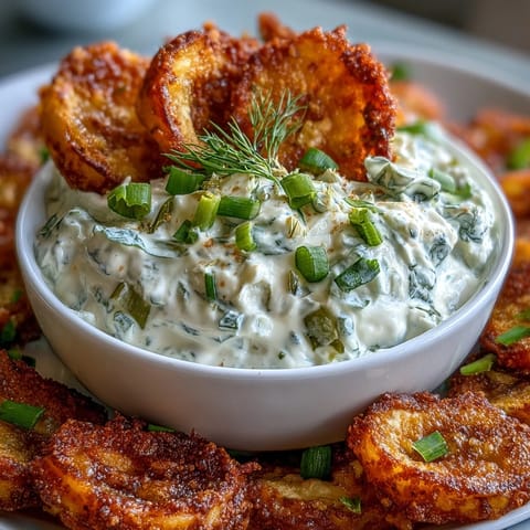 Tangy, cheesy fried pickle dip served warm with golden fried pickles.