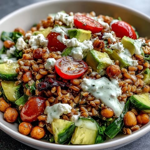 Hearty Ancient Grains Bowl with tender farro, quinoa, and fresh vegetables.