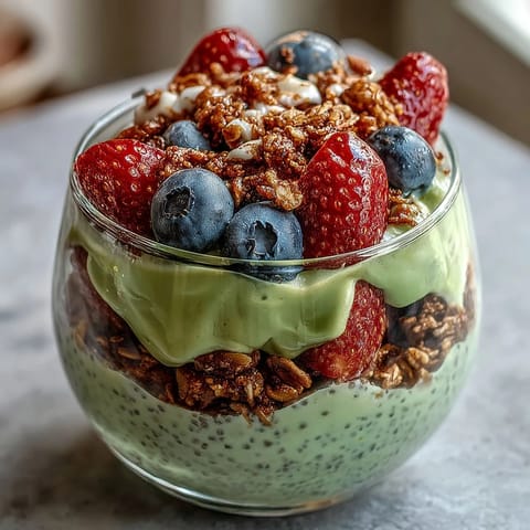 Creamy Fiber-Rich Avocado Chia Pudding Parfait with fresh berry layers.