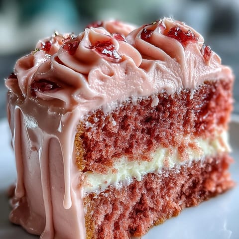 Bridal Shower Rosé Velvet Cake showing delicate layers and shimmering golden candy drizzle.