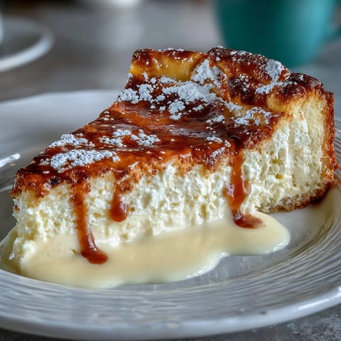 Golden baked Quick Classic Pastry Flan ready to serve with caramel.