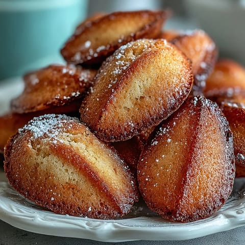 Delicate soft homemade madeleines dusted with powdered sugar, ready for teatime.