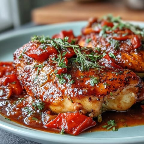 Tender chicken thighs simmered in vibrant Easy Basque-Style Chicken sauce, garnished with parsley.