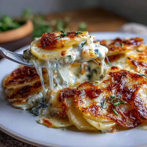 Creamy, cheesy Light Dauphinois Potato Gratin ready to be served hot.