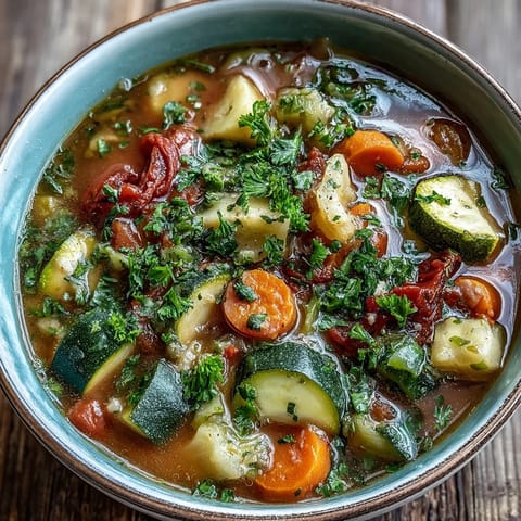 Colorful Simple Provencal Vegetable Soup steaming in a rustic bowl.