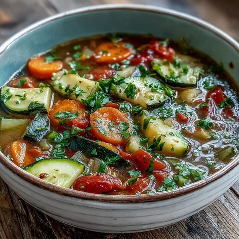 Savor this vibrant Simple Provencal Vegetable Soup, garnished with fresh parsley.