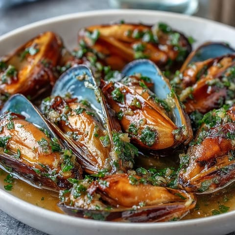 Succulent garlic butter mussels bursting with flavor, perfect for soaking up crusty bread.
