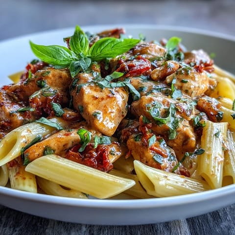 Hearty bow tie pasta dish smothered in velvety tomato basil chicken sauce.