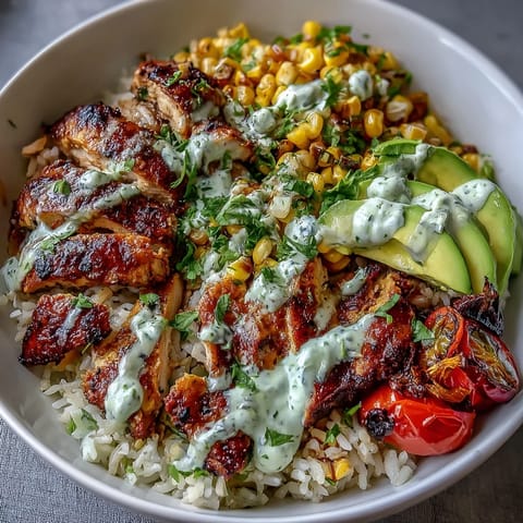 Enjoy these vibrant Street Corn Chicken Rice Bowls, layered with creamy sauce.