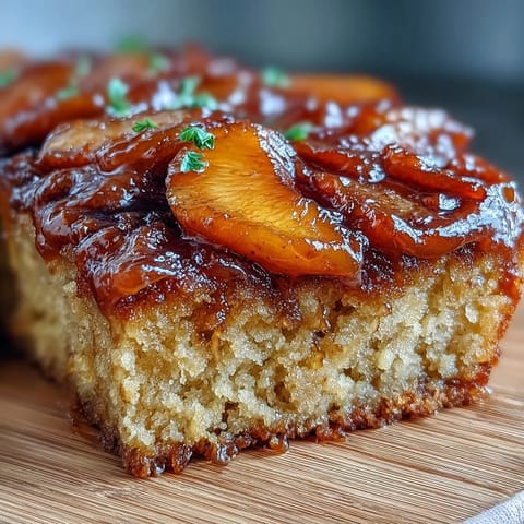 Brown Sugar Peach Upside-Down Cake, a glorious caramelized peach dessert.
