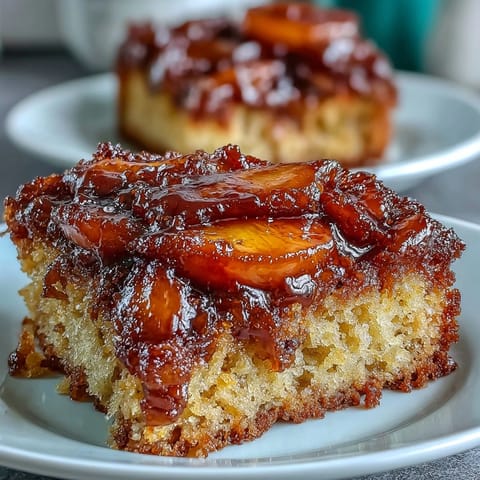 Golden brown sugar peach upside-down cake, perfect served warm with cream.