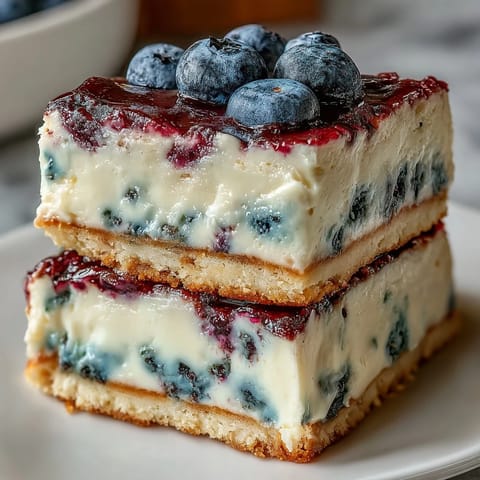 No-Bake Lemon Blueberry Cheesecake Bars feature a bright, zesty topping.