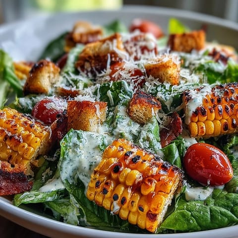 Charred Corn Caesar Salad with smoky kernels, crisp romaine, and creamy dressing.