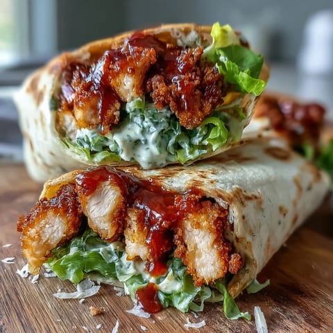 Spicy Crispy Chicken Buldak Caesar Wrap with vibrant sauce, ready to be devoured.