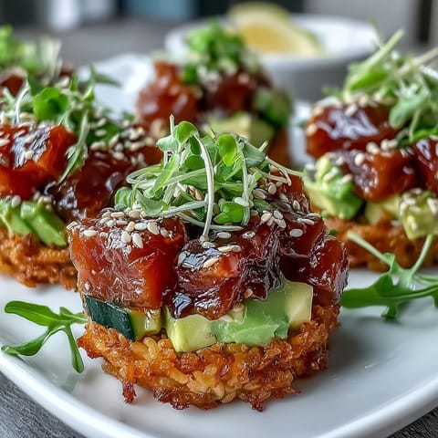 Crispy rice tuna poke cups appetizer, perfectly golden and bursting with fresh flavors.