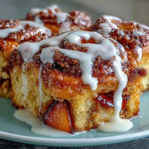 Gooey Peach Cobbler Cinnamon Roll Bake topped with sweet icing, a comforting dessert.