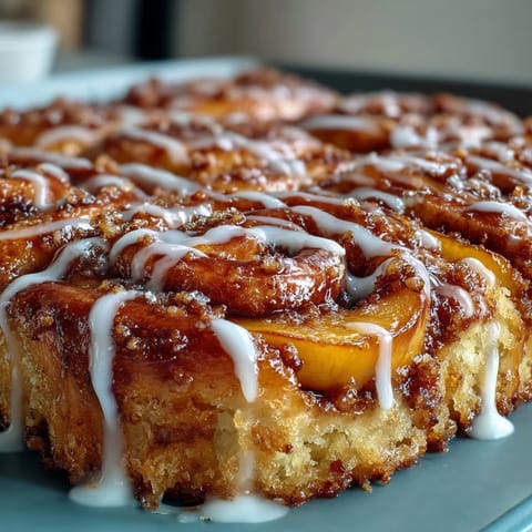 Warm Peach Cobbler Cinnamon Roll Bake with drained peaches and fluffy cinnamon dough.