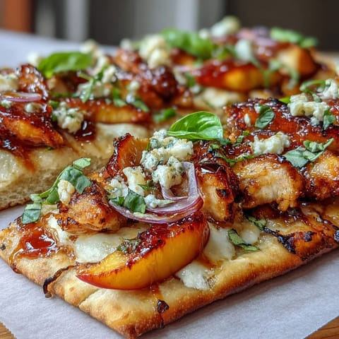 Gooey cheese and grilled chicken top a Hot Honey Peach Chicken Flatbread with vibrant basil.