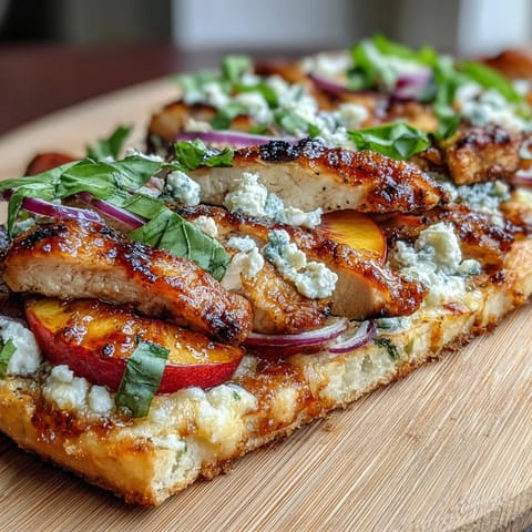 Spicy-sweet hot honey drizzles over a Hot Honey Peach Chicken Flatbread with golden crust.