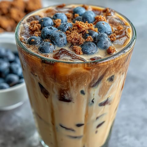 Creamy cold foam tops refreshing blueberry muffin iced coffee, garnished with berries.