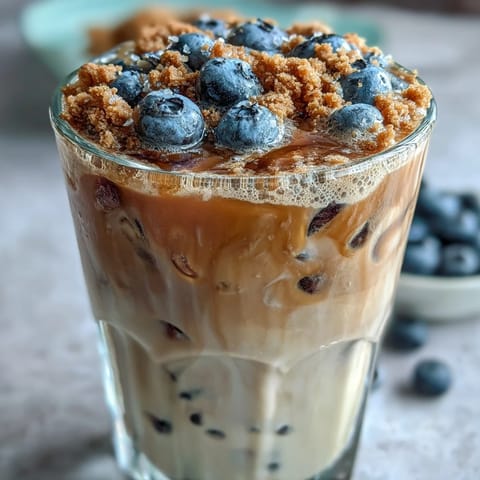 Sweet, frothy blueberry muffin iced coffee with vanilla cold foam, ready to sip.