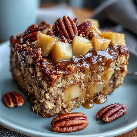 Cozy Apple Baked Oatmeal featuring tender apples, nuts, and sweet maple syrup drizzle.