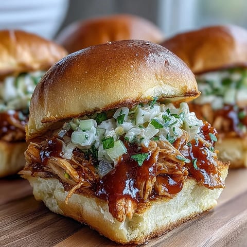 Tender Apple BBQ Chicken Mini Sandwiches piled high on toasted slider buns.