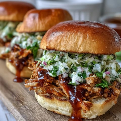 Juicy Apple BBQ Chicken Mini Sandwiches topped with fresh, crunchy apple slaw.