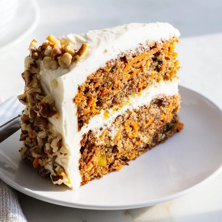 Classic American Carrot Cake topped with piped cream cheese frosting and grated carrots, ready to serve.