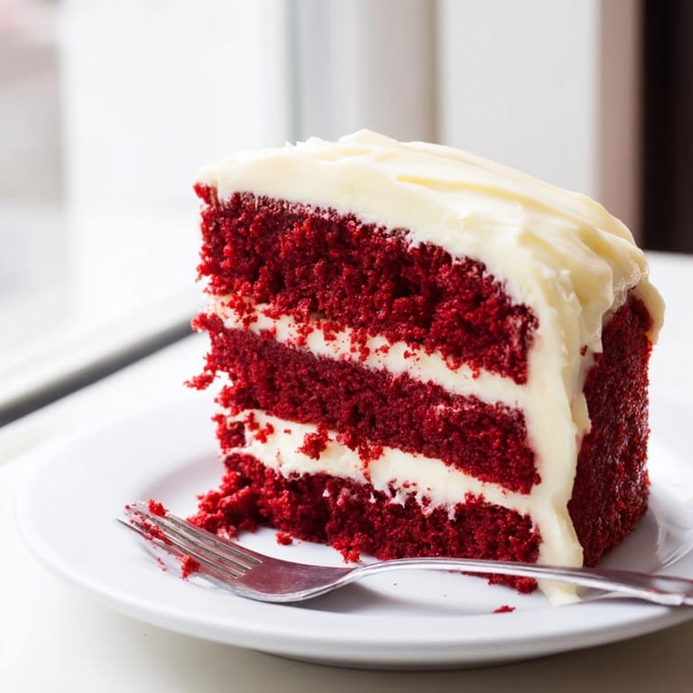 Classic Southern red velvet cake on a cake stand, ready to be served with vibrant red crumbs and a smooth white frosting.
