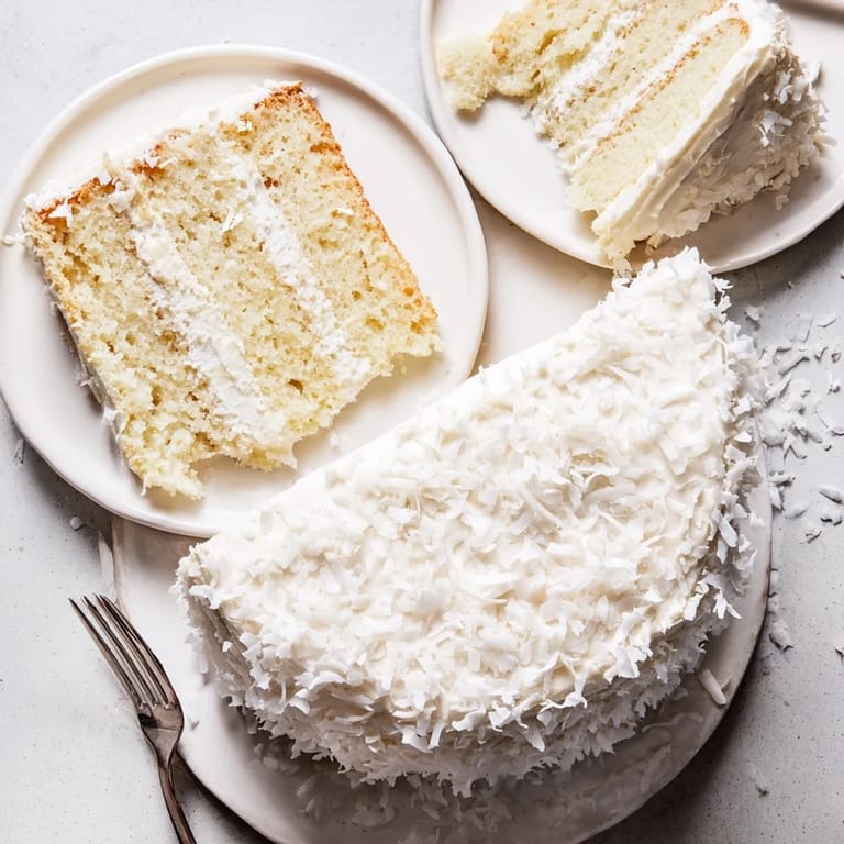 White Coconut Cake layers filled with coconut cream and wrapped in fluffy meringue frosting, sliced for a party.