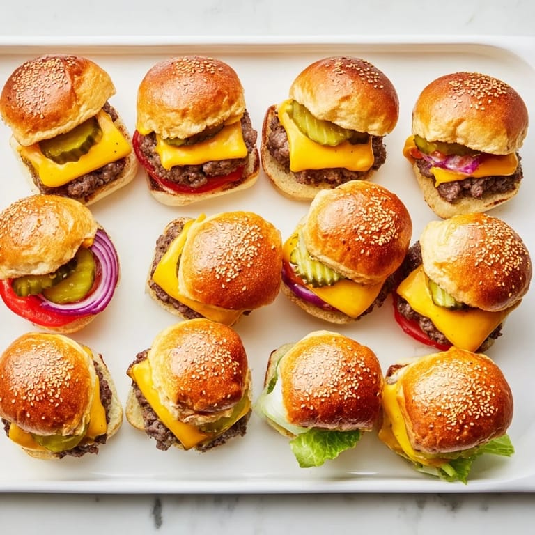 Freshly prepared sliders with cheese, pickles, and onions are arranged on a platter, perfect for a party or family meal.