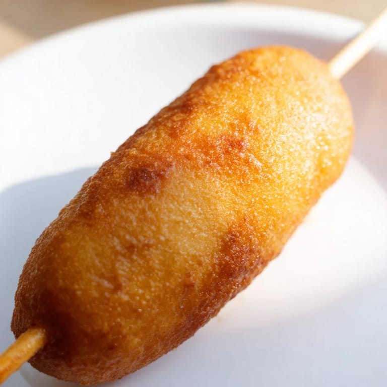 Freshly fried corn dogs on sticks, ready to enjoy at a summer fair.
