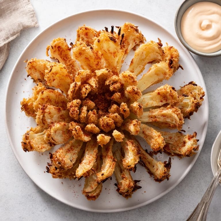 Perfectly deep-fried Blooming Onion on a platter, paired with a tangy sauce for game day.