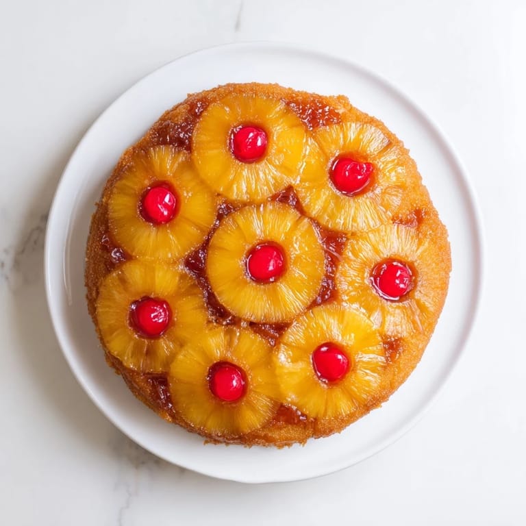 A freshly inverted Pineapple Upside-Down Cake reveals moist crumb and glossy caramelized fruit on a rustic white plate.