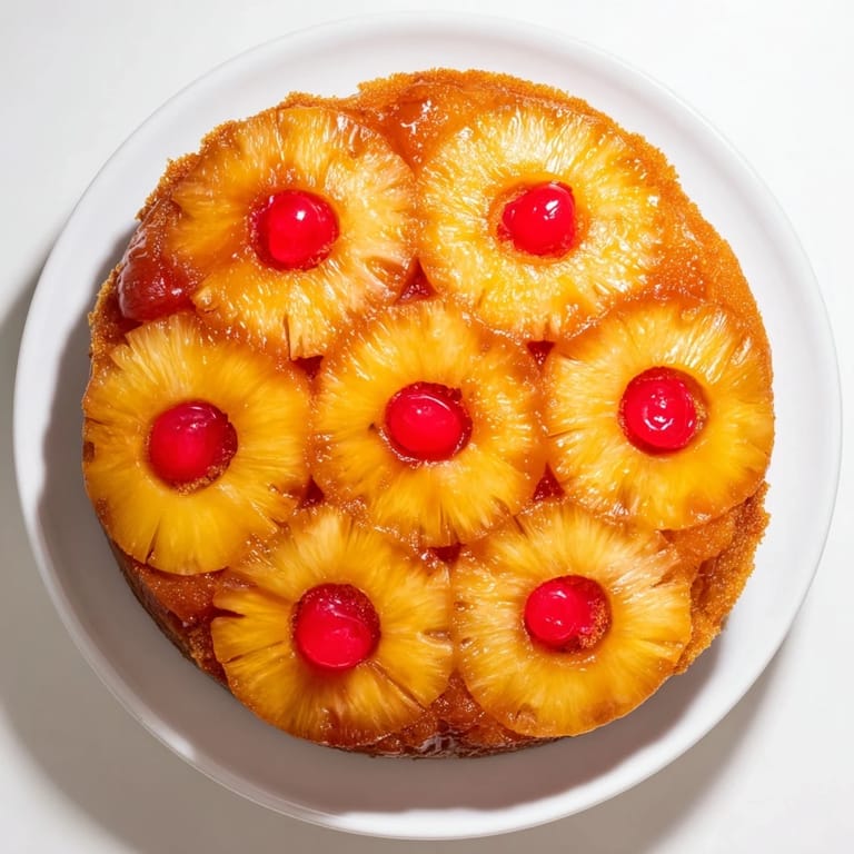 Warm slice of Pineapple Upside-Down Cake served with a dollop of whipped cream and vanilla ice cream.