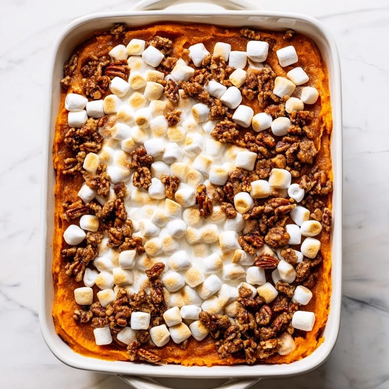Homemade Sweet Potato Casserole served warm with a spoon, showing fluffy sweet potato base and melted marshmallows.