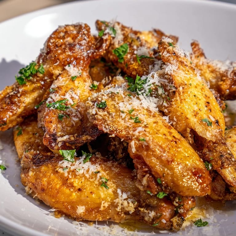 Golden Garlic Parmesan Wings served with celery sticks and a side of creamy ranch dip.
